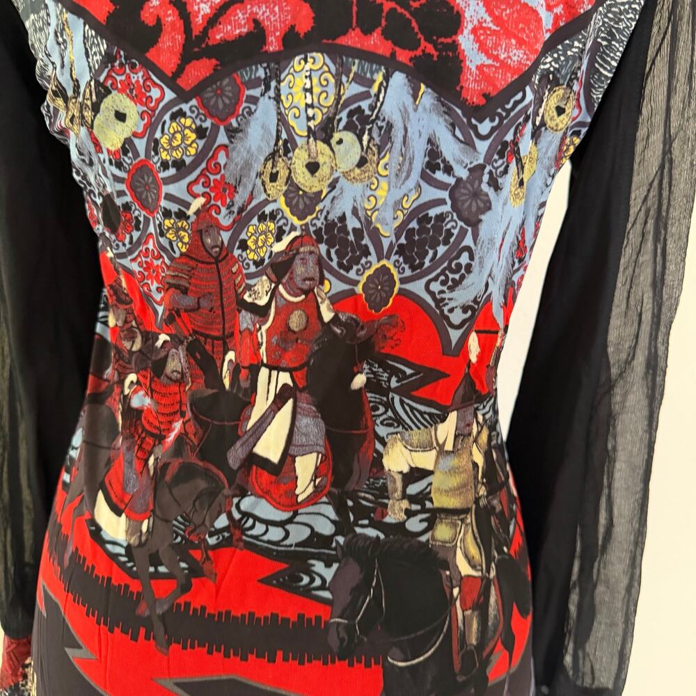 Vintage Save The Queen Samurai Graphic Mesh Top Y2K Italian Grunge Art to Wear - Picture 4 of 8
